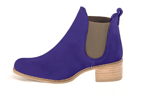 Violet purple and bronze beige women's ankle boots, with elastics. Round toe. Low leather soles. Profile view - Florence KOOIJMAN